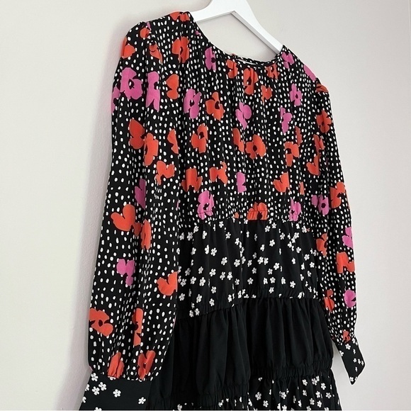 NEW ASOS Floral Polka Dot Tiered Smock Mini Dress Black Orange Pink Size 4‎ - Picture 3 of 15